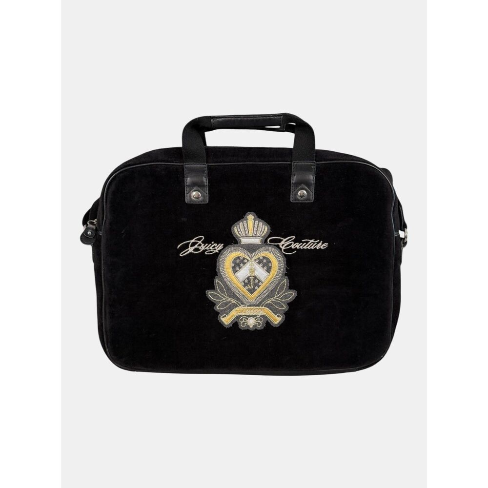 Juicy Couture Black Velour Laptop Messenger Bag Embroidered Crest Y2K Travel